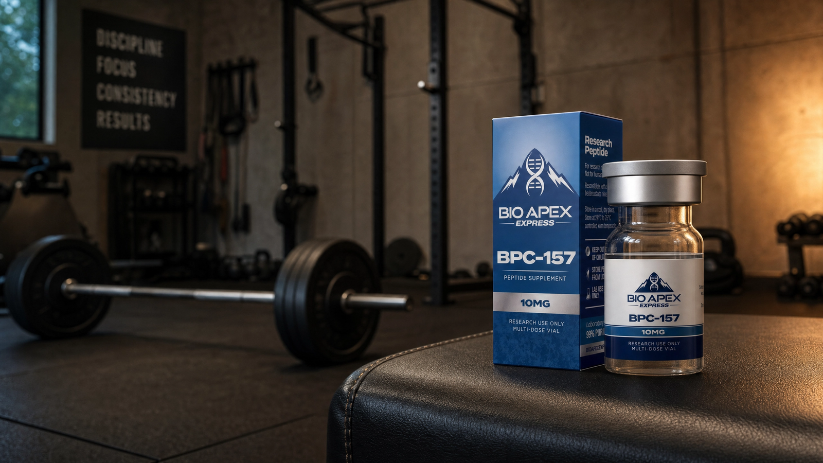 BPC-157 10mg lifestyle image on gym bench